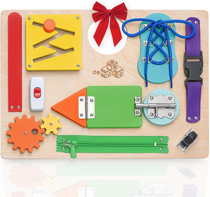 deMoca Sensory Busy Board for Toddlers, Premium Wooden Toddler Busy Board for 1 2 3 Year Old with 10 Educational Activities for Fine Motor Skills, Fidget Activity Toy for Travel Toy