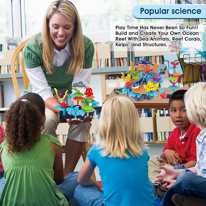 Ocean Reef Sea Creatures 37pcs Water Washable Painting & Building Toy Set, Children's Activity Art Kit, Paint Your Own Buildable Ocean Reef Toy with Free Bubbles Wand Gift