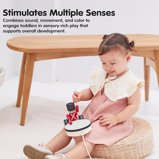 PlanToys® Wooden Pull Along Drummer | Musical Toy That Encourages Rhythm, Coordination & Focus | Montessori Eco-Friendly Educational Toy for Active & Imaginative Play