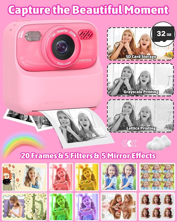 Mgaolo Kids Camera Instant Print Photo,Children Digital Camera Toys Gift with HD Video for Girls Boys 3-12 Age,Chritmas Birthday Festival Present for 3 4 5 6 7 8 9 Year Old Child (Pink)