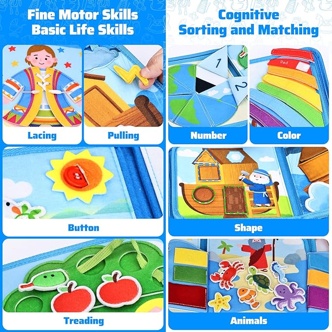 Esjay Busy Board Bible Busy Book for Toddlers, Montessori Toys 1 2 3 Year Old Toddler Baby, Noah's Ark Toy Baptism Birthday Gifts for Boys Girls, Learning Educational Activity Book for Travel Airplane