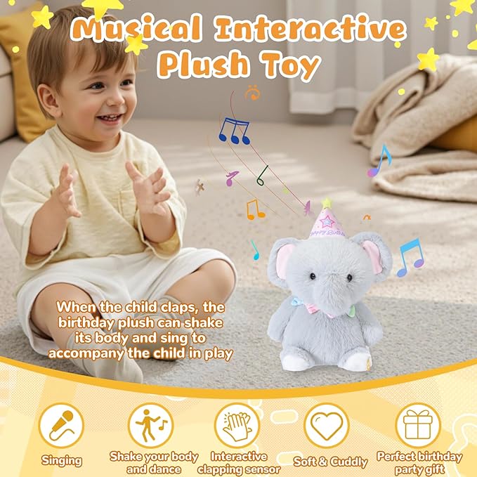 Happy Birthday Interactive Elephant, Musical Birthday Stuffed Animal Recording Mimicking Toy, Clapping Activates Singing Dancing Shaking, Cute Elephant Plush Gifts for Kids Girls Boys