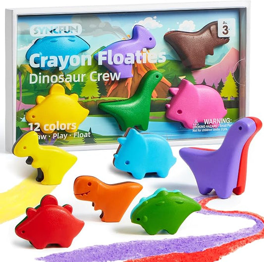 SYNCFUN 100% Pure Large Beeswax Crayons, Bath Crayons Bath Toy for Kids, Easy to Hold & Mold Free Bathtub Toys for Shower, Toddler Art Supplies, Gift for Christmas (Dinosaur Theme, 12 Colors)