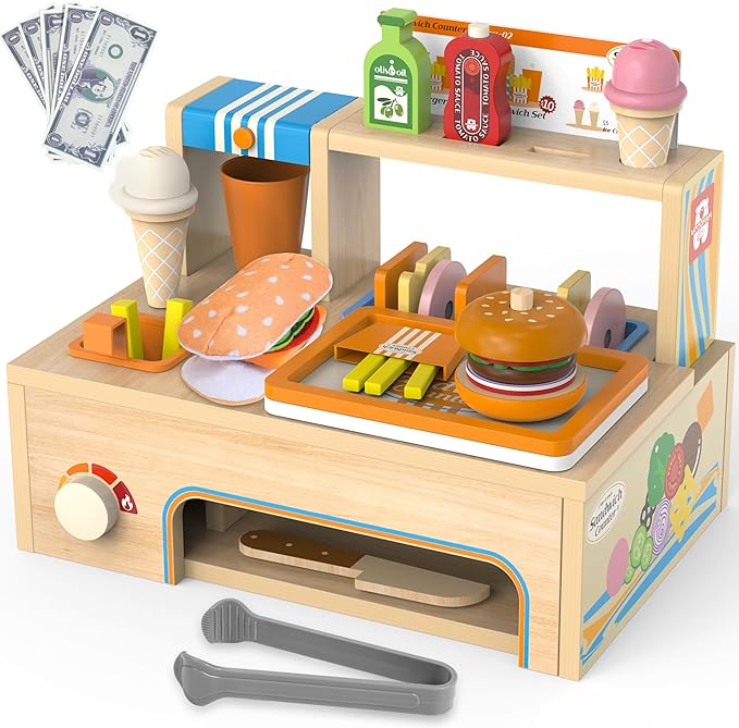 Wooden Play Food Sets Sandwich Counter with Storage, 56 Pcs Foldable Pretend Play Kitchen Food Toy, Burger, Ice Cream, Fries, Play Money, Kids Play Store Boy Girl Birthday Gift for Toddlers Ages 3+