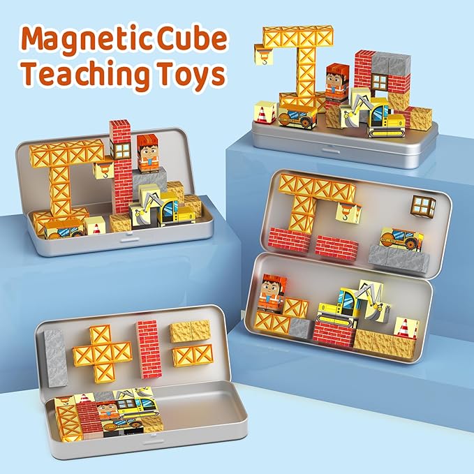 Magnetic Blocks with Magnet Box-35PCS Magnet Cubes, Magnetic Tiles Kids Build Cubes Travel Game Toys, Road Trip ‌Sensory Toy Christmas Birthday Gifts for Boys & Girls Ages 3