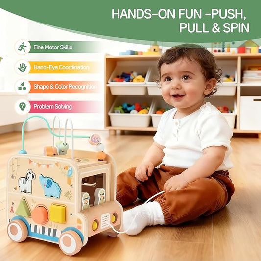 Wooden Pull Along Activity Cube Toys, Montessori Toys for 1 2 3 Year Old Baby Toddlers, Baby Activity Cube for 1 Year Old, 1st First Birthday Gift