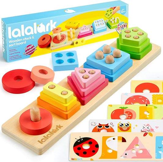 lalalark Montessori Toys for 1 2 3 Year Old Boy Girl, Wooden Sorting & Stacking Toys, Shape Sorter Baby Toy, Educational Sensory Toys for Kids, Wooden Blocks for Toddler 1-3, Christmas Birthday Gifts