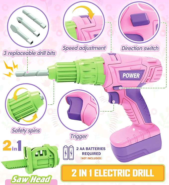 Kids Tool Set with Electric Toy Drill Hammer Tool Box for Girls, Pink Toddler Tool Set Kids Power Construction Pretend Play Tools Kit for 3 4 5 6 7 8 Year Old Toddlers Girl Boys Toys