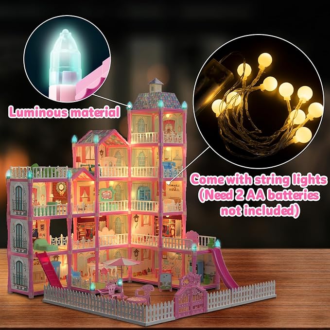 15 Rooms Doll House for Kid, 374Pcs Play Castle Furniture Playsets for Girls, Birthday Gifts for 3 4 5 6 7 8 9 10 11 12 Years Old Kids Toddlers