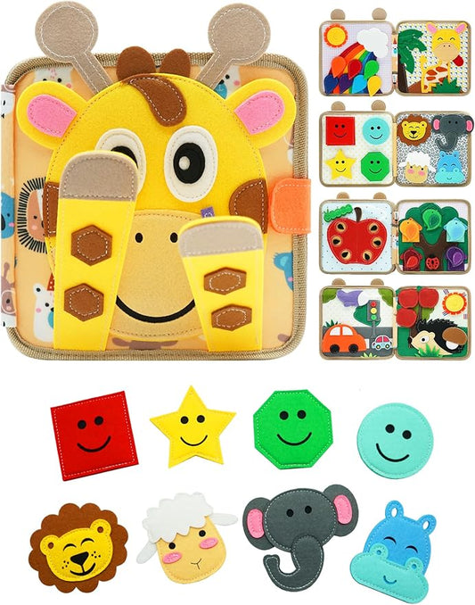 Busy Book for Toddlers 1-3, Montessori Toys for 1 Year Old, Kids Travel Toys, Educational Activity Book, Birthday Gifts for Boys & Girls, Washable Felt Busy Board, Giraffe