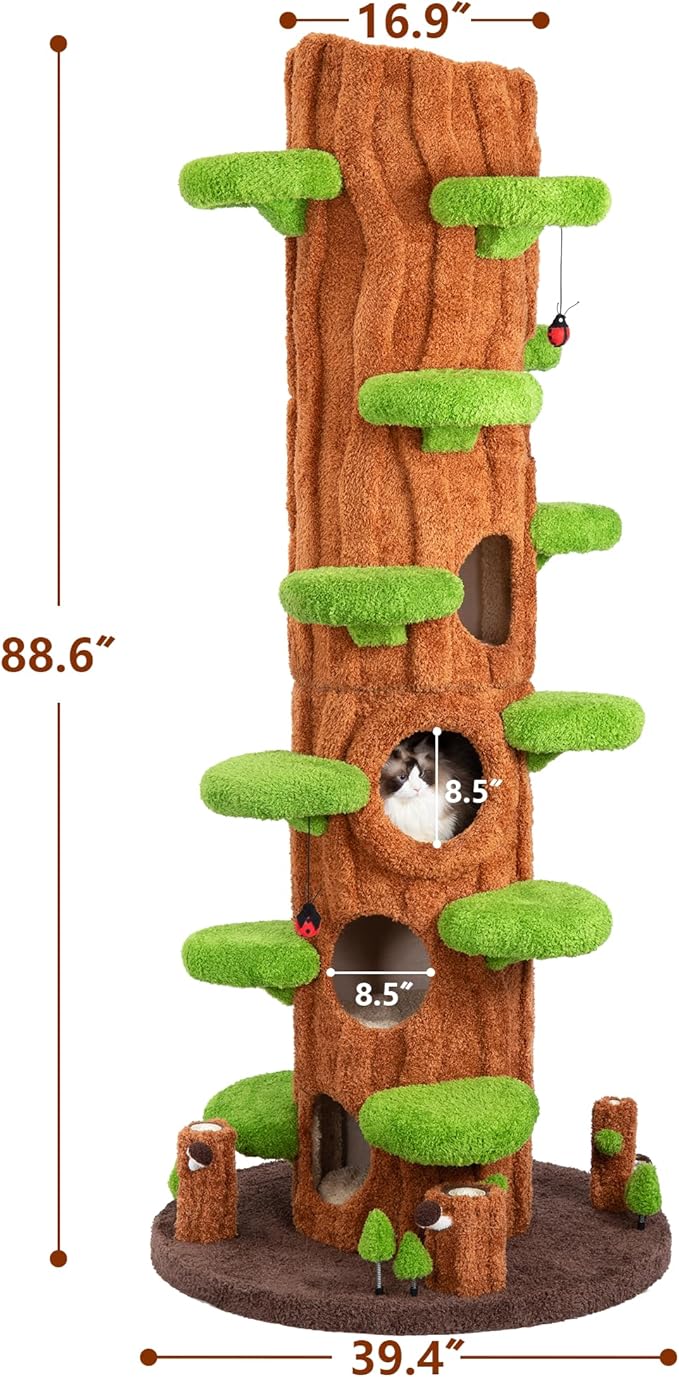 88.6" Extra Large Solid Wood Cat Tree Tower – Multi-Level Indoor Cat Condo with Scratching Posts, Tall Climbing Activity Center for Large Cats