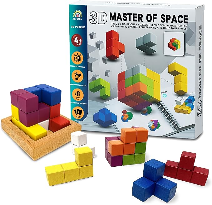 ARI MES - 3D Soma Cube Puzzle Game - Montessori Brain Teaser for Kids & Adults, Strategic Wooden Block Puzzle, Educational Mind Challenge for Ages 4+