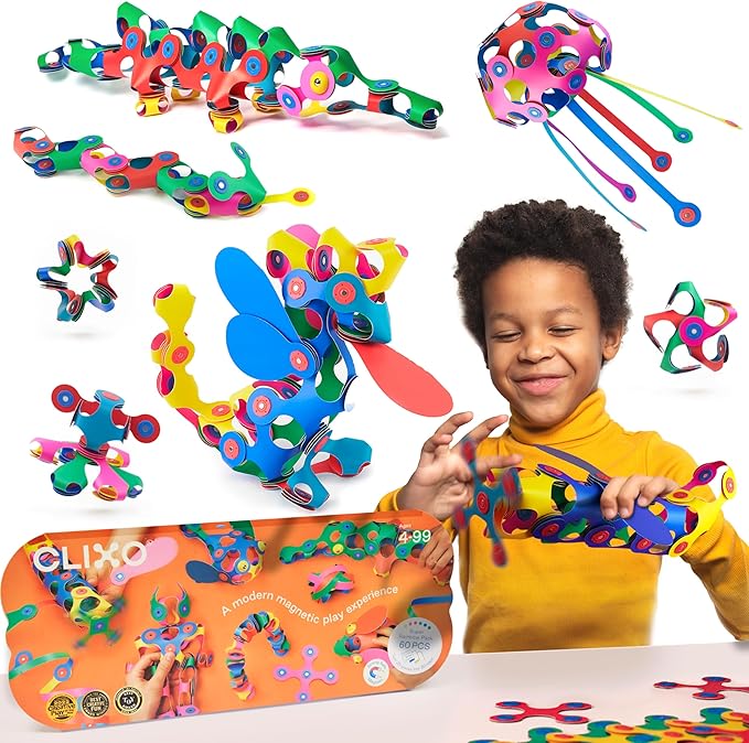 Clixo Super Rainbow, 60 Piece Pack - A Versatile, Travel Friendly Magnetic Building Toy, Flexible Design for Hours of Fun Creative STEM Play, Great Gift for Curious Kids. Ages 4-99