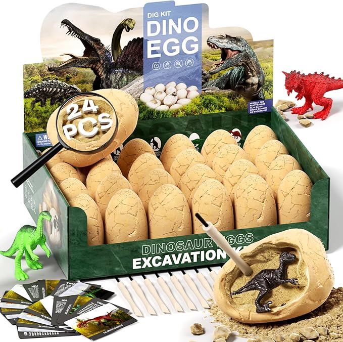 24 Dinosaur Eggs Dig Kit Toys for Kids, Surprise Dinosaur Eggs Excavation Kit with Magnifier, Science STEM Birthday Party Favors Easter Gifts for Boys Girls Age 3 4 5 6 7 8 9 10 + Years Old