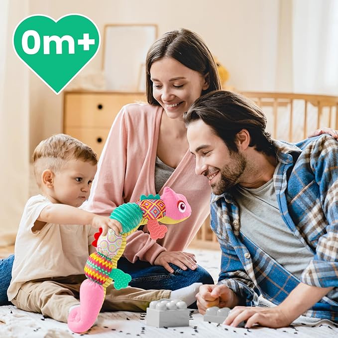 Sumobaby Infant Baby Musical Stuffed Animal Toys for 0-3-6-12 Months,Multi Sensory Toys with Crinkle and Rattles, Tummy Time Toys for Newborn Boys Girls, Dinosaur, Pink