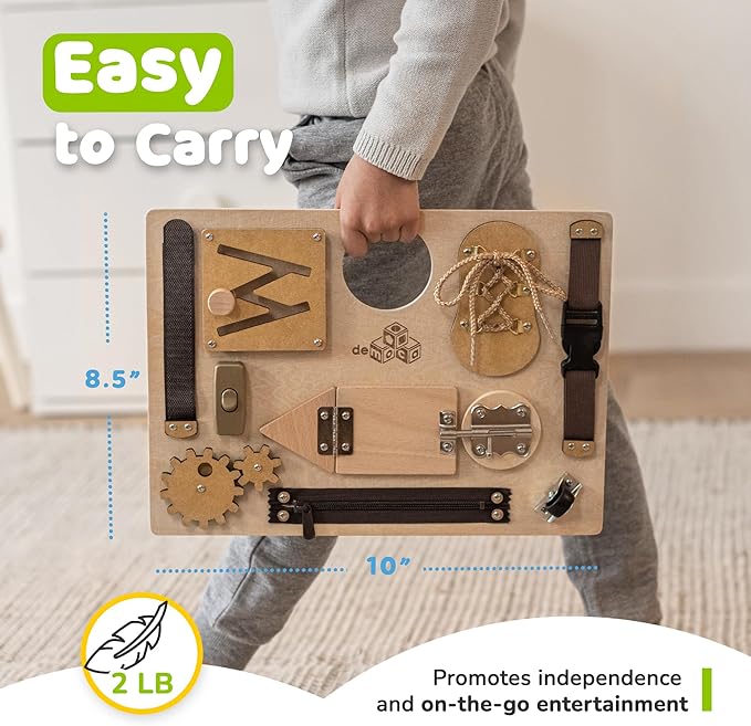 deMoca Sensory Busy Board for Toddlers, Premium Wooden Toddler Busy Board for 1 2 3 Year Old with 10 Educational Activities for Fine Motor Skills, Fidget Activity Toy for Travel Toy