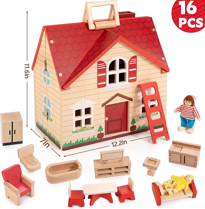 Foldable Wooden Dollhouse with 13pcs Furniture, 4 Rooms and 2 Flexible Dolls, Pretend Play House Set with Portable Handle, Christmas Birthday Gift for Boys Girls Kids Age 3+