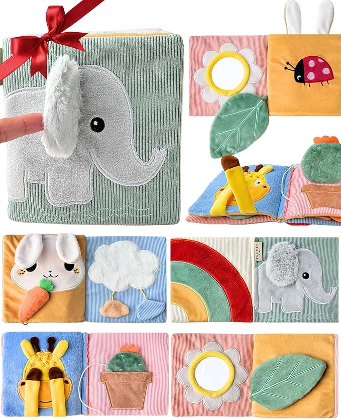 Cute Soft Baby Book with Mirror, Activities, Touch and Feel & Crinkle Pages - Interactive Sensory Cloth Toy for Babies 0-6, 6-12 & 12-18 Months - Adorable Animal Themes for Early Development