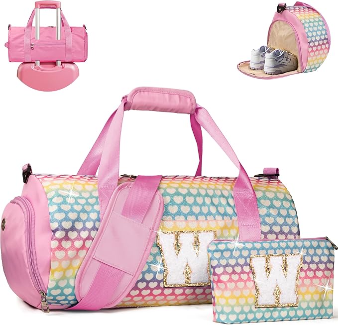 Party Favors for Teenager, Girls Travel Duffel Bag, Kids Initial Overnight Bags with Shoe Compartment, Personalized Weekender Bag with Makeup Pouch, Birthday Gift for Teen (Letter W)