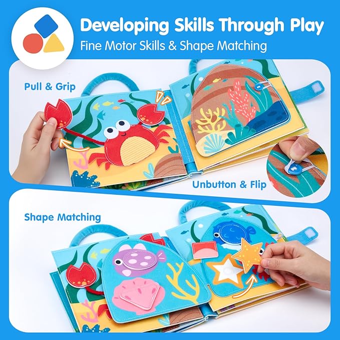 hahaland Ocean Busy Book for Toddlers 1-3, Montessori Toys Sensory Activity Busy Board, Travel Toy for 1 2 3 Year Old Boys Girls, Educational Fine Motor Skills Learning Toy, Toddler Birthday Gift