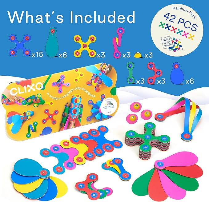 Clixo Rainbow 42 Piece Pack. Flexible Imagination Boosting Magnetic Building Toy. Modular Designs for Hours of STEM Play. Kids Basket Stuffer Gift. Multi-Sensory Magnet Toy, Travel Friendly. Ages 4-99