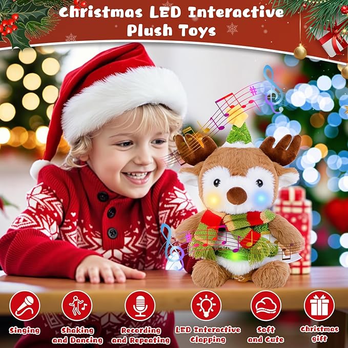 Christmas Reindeer Plush Interactive Toy, Dancing Singing Repeating Light up Reindeer Stuffed Animal, Animated Christmas Plush Musical Holiday Decorations for Kids Boys Girls Gifts