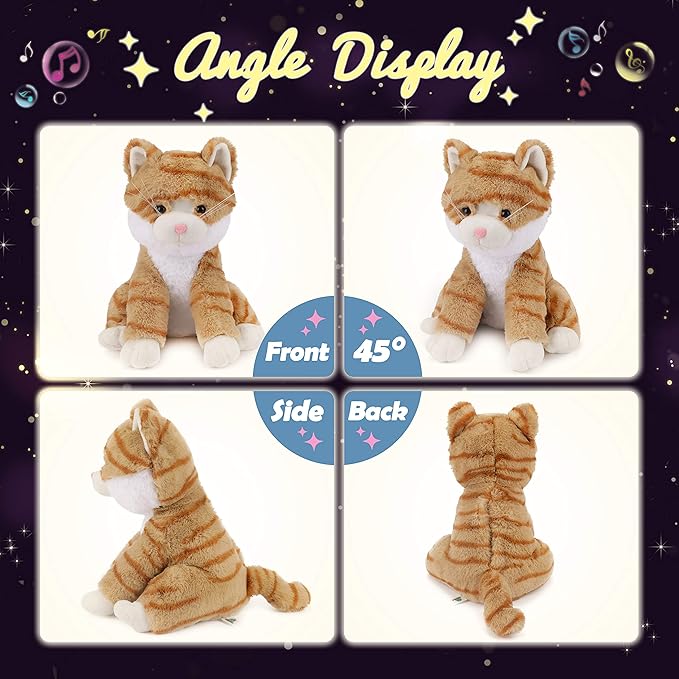 Hopearl LED Musical Stuffed Kitty Lighting Up Singing Plush Cat Adjustable Volume Lullaby Animated Soothe Birthday Festival for Kids Toddler Girls, Orange, 12.5''