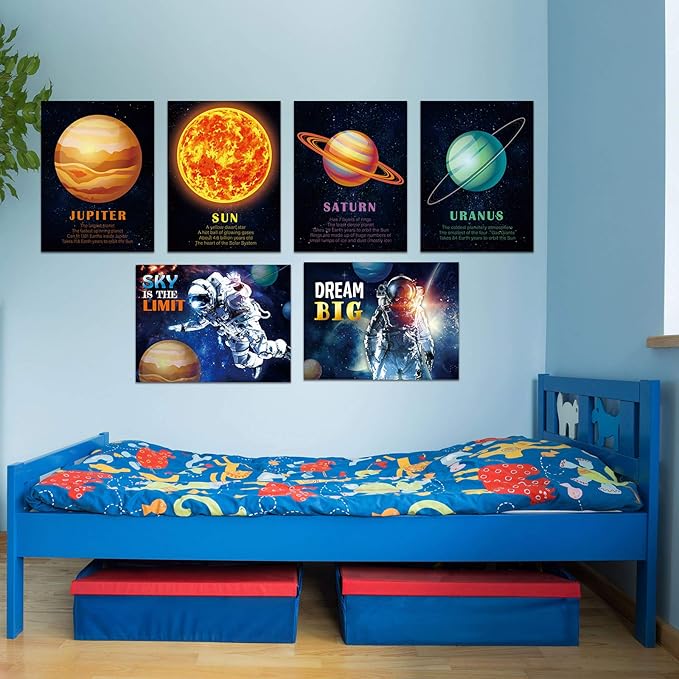 Outus 12 Pieces Solar System Educational Teaching Posters Laminated Kids Space and Planets Posters Print WallChart Art for Toddlers Classroom Bedroom 10.6 x 14.1 Inch