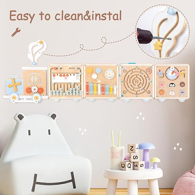 Train Activity Wall Busy Board, Wooden Montessori Sensory Toys, 12-in-1 Learning Activity Center for Playroom,Daycare, Nursery, Classroom, Educational Toys for Toddler
