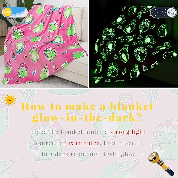 Frog Gifts Toys for Girls Women - Glow in The Dark Kids Blankets for Girls Soft Cozy Pink Frog Throw for Bedroom Decor Birthday Presents for Kids 50x60 Inch