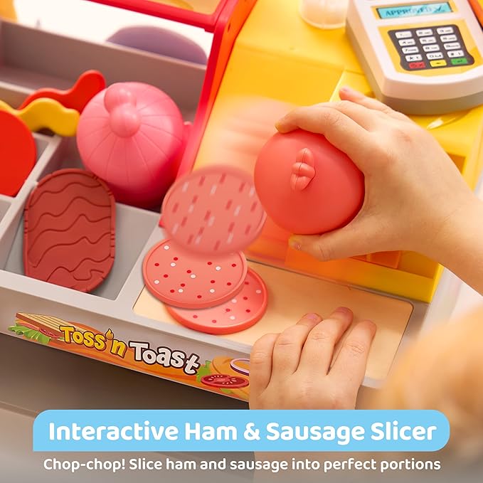 Play Restaurant Toy and Pretend Play Food for Kids, Play Kitchen Accessories Include Sandwich Maker Toy with Slicer for Ham, Menu and Ingredients, Food Toy for 3 4 5 6 Year Old Girls Birthday Gift
