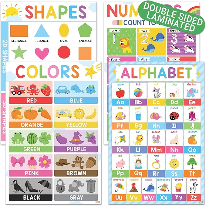 BEAWART ABC Alphabet Posters (Pack 4 - 16'x24'), Color Shape Number Chart for Classroom Decor, Educational Posters for Toddlers 1-3, Learning Chart for Preschoolers, Homeschool Supplies, Double Laminated
