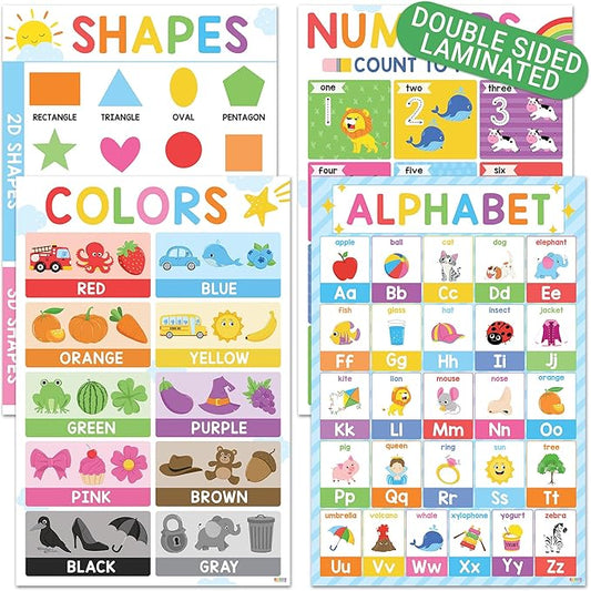 BEAWART ABC Alphabet Posters (Pack 4 - 16'x24'), Color Shape Number Chart for Classroom Decor, Educational Posters for Toddlers 1-3, Learning Chart for Preschoolers, Homeschool Supplies, Double Laminated