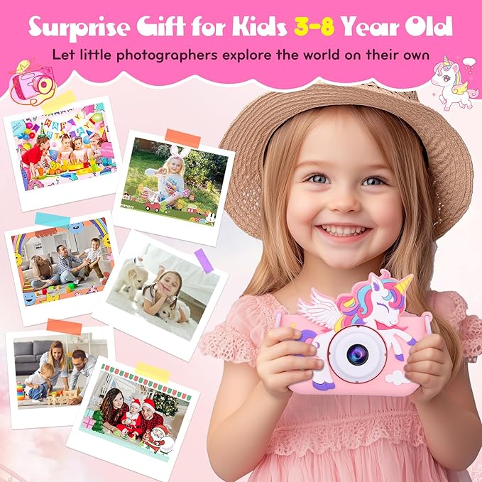 Kids Camera Unicorn Girl Toys, Digital Camera for Kids Age 3-8 Toddler Travel Toys, Birthday Gift for Girls 3 4 5 6 7 8 Year Old Christmas, HD 1080P Video Camera, 32G SD Card Included (Pink)