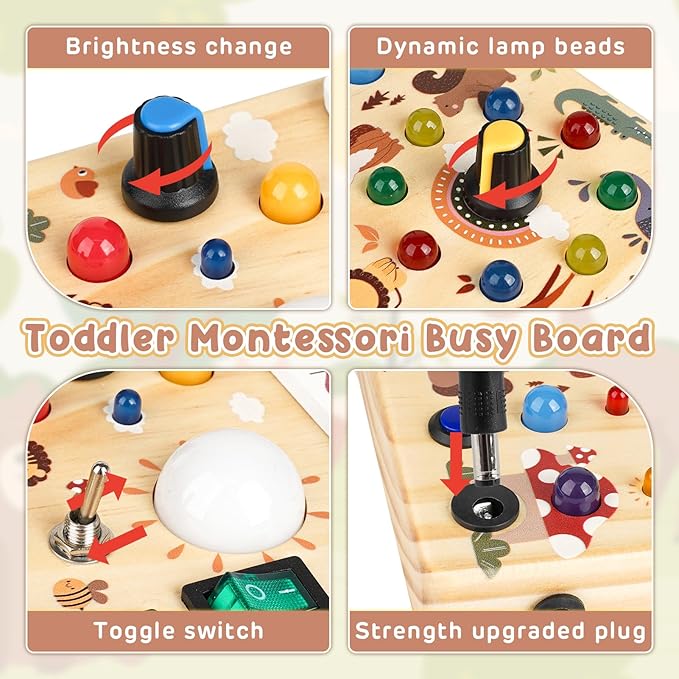 Joyreal Wooden Busy Board with LED Lights, Montessori Sensory Toys for Toddlers, Activity Fidget Board Travel Toys for Fine Motor Skills & Learning, Gifts for 1-3 Year Old Boys & Girls (Forest Theme)