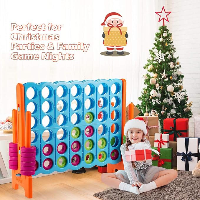 COSTWAY Jumbo 4-to-Score Giant Game Set, 4 in A Row for Kids and Adults, 3.5FT Tall Indoor, Outdoor Set with 42 Jumbo Rings & Quick-Release Slider, Ideal for Holiday Party, Family, Baby Blue