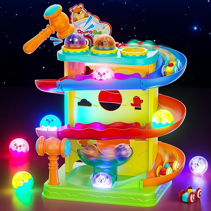 Funwee 2-in-1 Ball & Racing Car Ramp Toy for Toddlers, Race Track Hammer Rolling Lights Ball Drop, Interactive Montessori Learning Game Birthday Gift Idea for Kids 2 3 4 5+Year Old Girl Boy(Yellow)