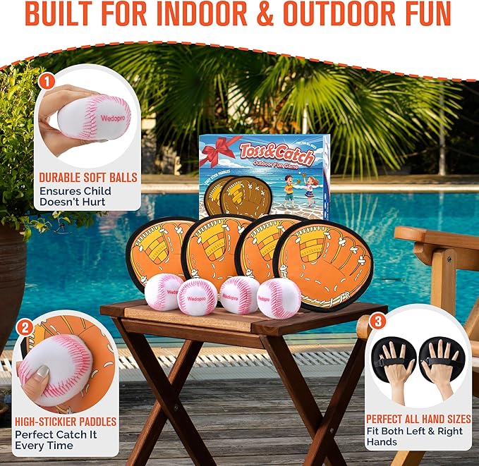 Toss and Catch Ball Game, Kids Toddler Baseball Glove & Catch Ball Toys, Kids Outdoor Games for Family, Toys for Beach Pool Yard Outside, Birthday Gift for Ages 3 4 5 6 7 8-12 (Brown 4 Pcak)