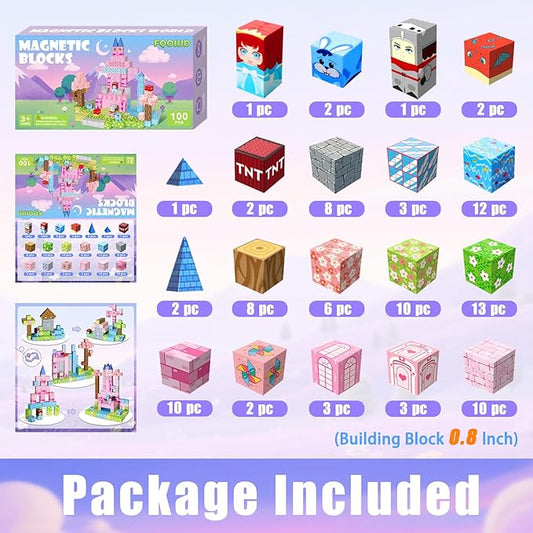 100PCS Magnetic Blocks, Magnetic Building Blocks, STEM Constructions Magnet Blocks for Boys Girls Age 3 4 5 6 7 8 9 10, Sensory Stacking Toy Christmas Birthday Gifts for Kids