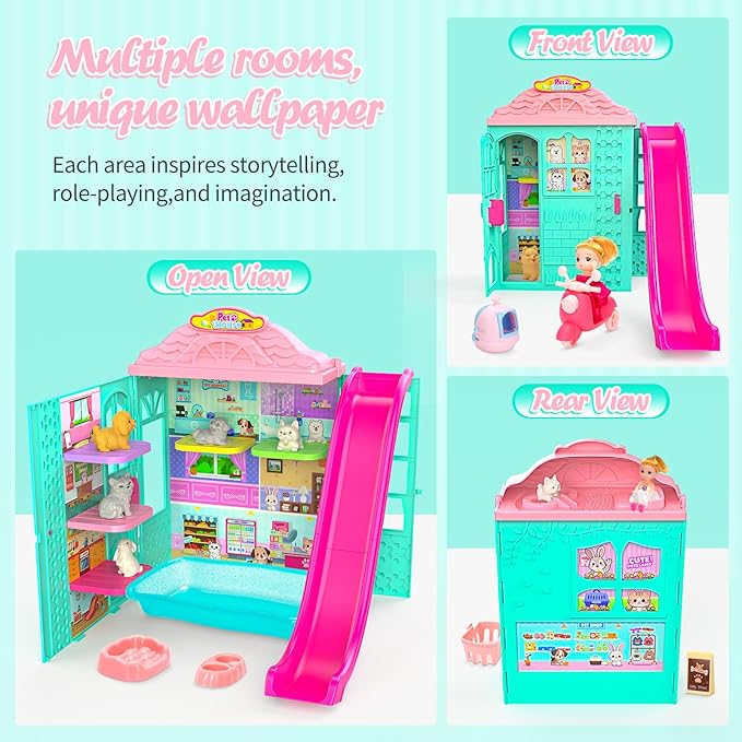 Foldable Pets Dollhouse Toy Play Set, Doll House of Pets with 31+ Accessories Includes Dolls, Motor, Pool, Little Pets, Slide and Sounds, Pretend-Play Toddler Playhouse Ideal Gift for Children aged 3+