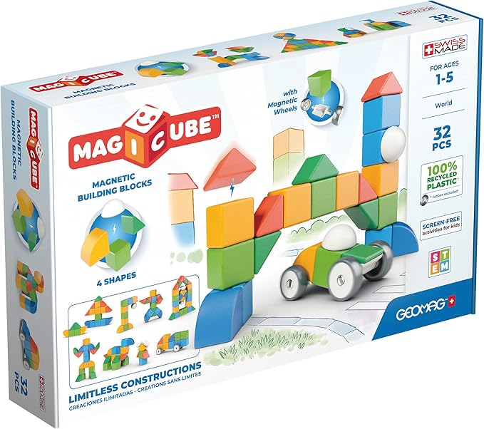 Geomag MagiCube Magnetic Blocks for Toddlers & Kids Ages 1-5 | Swiss-Made STEM Building Toy Sets | Animal, Vehicle, Recycled Plastic Themes | (32-Piece - Classic Set)