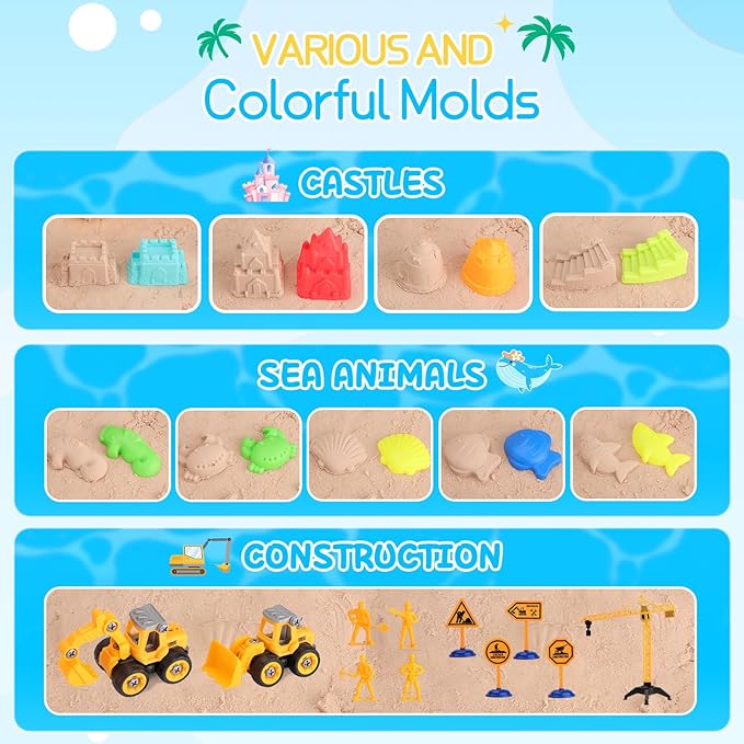 Beach Sand Toys for Kids: Sand Castle Toys with 2 Construction Trucks, Collapsible Beach Bucket, Shovel Set and Castle Builiding Kit, Sandbox Toys for Toddlers Girls Boys