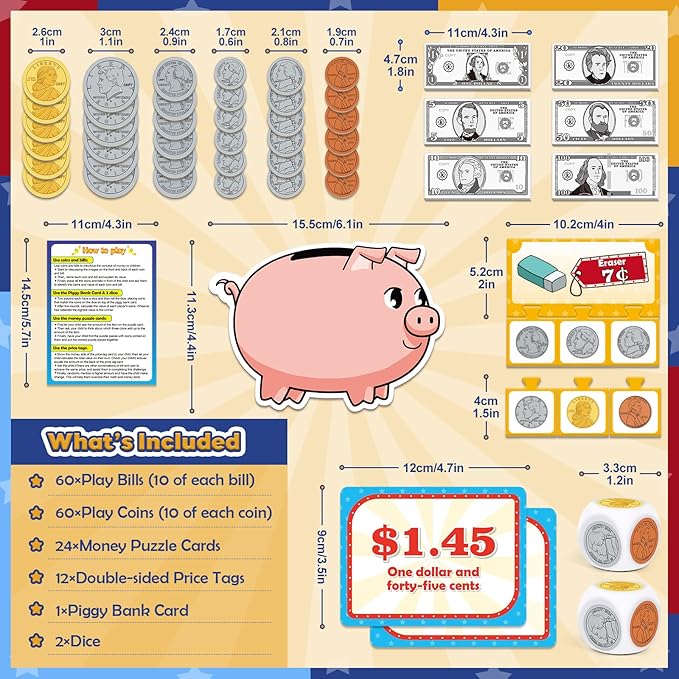 Pretend Play Money for Kids for Learning, Math Manipulatives for Toddlers, Math Games for Teaching, Counting, Educational Card Games,Bills and Coins,Kindergartner Classroom,Homeschool Supplies