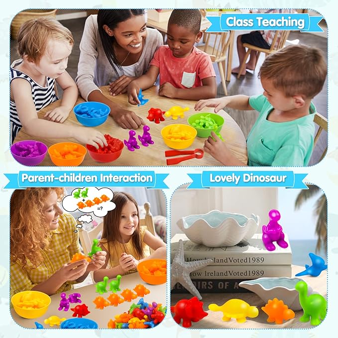 USATDD Counting Dinosaur Toys Matching Color Sorting Stacking Games with Bowls Preschool Learning Activities for Educational Sensory Montessori STEM Toy Sets Gift for Toddlers Kids Boys Girls Aged 3+