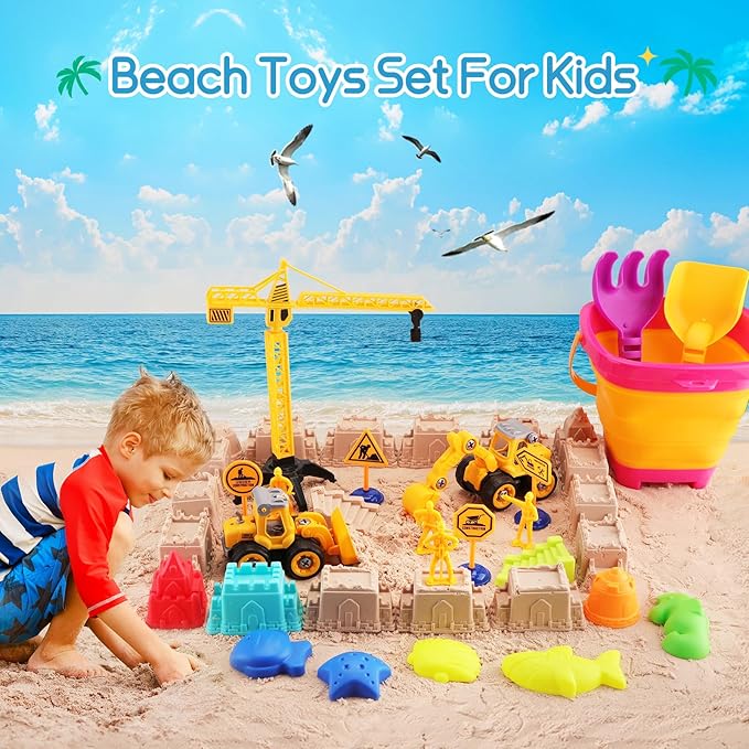 Beach Sand Toys for Kids: Sand Castle Toys with 2 Construction Trucks, Collapsible Beach Bucket, Shovel Set and Castle Builiding Kit, Sandbox Toys for Toddlers Girls Boys