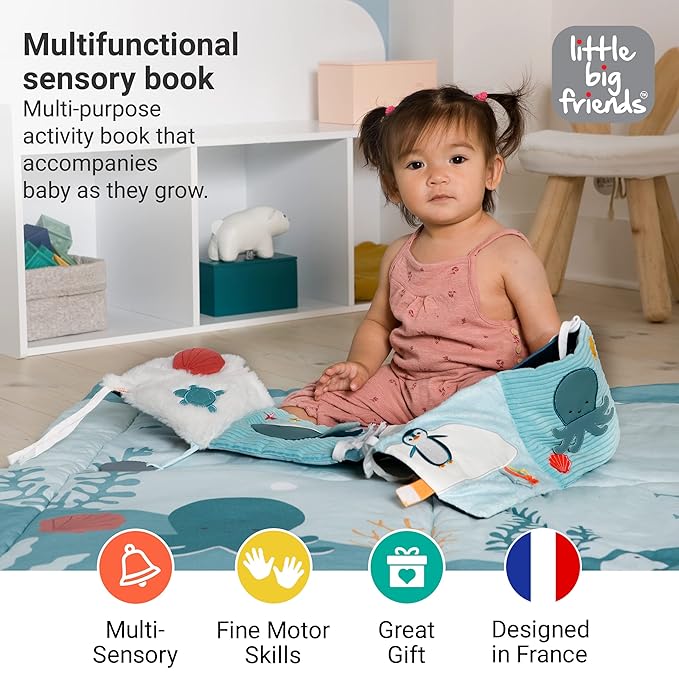Little Big Friends 2-in-1 Sensory Baby Book | Crinkle Cloth Activity Book with Teether, Mirror & Contrast Textures | Stimulating Toy for Newborns & Infants | Crib & Stroller Attachment | Ocean Theme