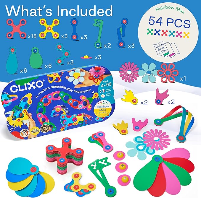 Clixo Rainbow Max 54 Piece Pack - Flexible, Durable, Imagination-Boosting Magnetic Building Toy- Modern, Modular Designs for Hours of STEM Play. A Multi-Sensory Magnet Toy, Travel Friendly. Ages 4-99