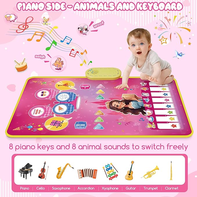Piano Mat Toddler Baby Girl Toys, 3-in-1 Piano Drum Kids Musical Play Mat Infant Music Toys 12-36 Months, Baby Birthday Gifts Early Learning Toy for 1 2 3 Years Old Boy Girls