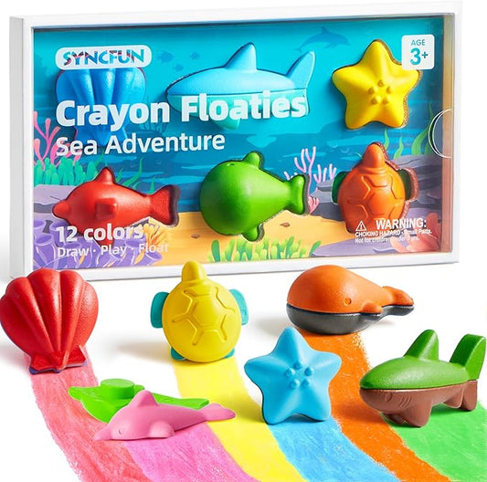 SYNCFUN 100% Pure Large Beeswax Crayons, Bath Crayons Bath Toy for Kids, Easy to Hold & Mold Free Bathtub Toys for Shower, Toddler Art Supplies, Gift for Christmas (Ocean Theme, 12 Colors)
