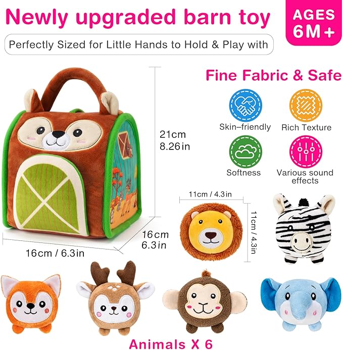 6-12 Months Baby Montessori Toys Sensory Educational Jungle Friends Toy for 1 Year Old with Stuffed Animals Infant Rattle Crinkle Paper Barn Gifts for Newborn Toddlers Christmas Stocking Stuffers